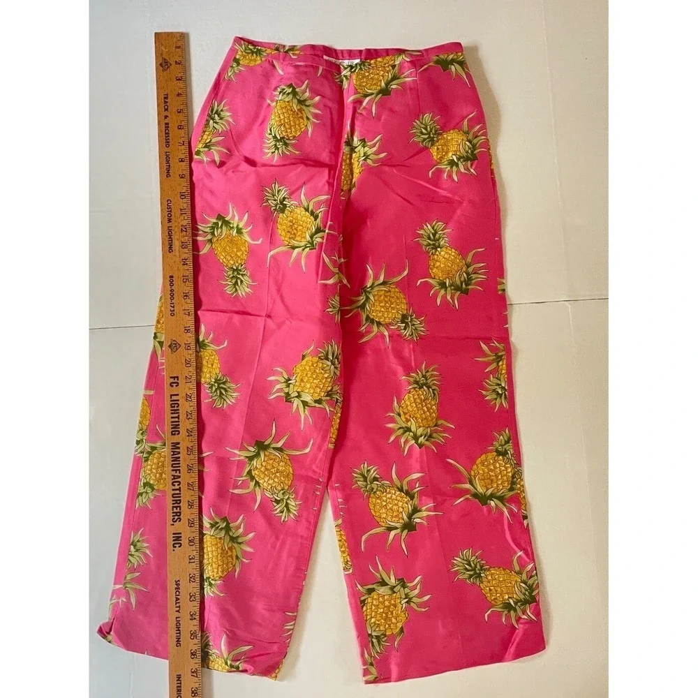 Pink Pineapple Print Silk Pants Tropical Vintage‎ Y2K Resort Wide Leg Size 6